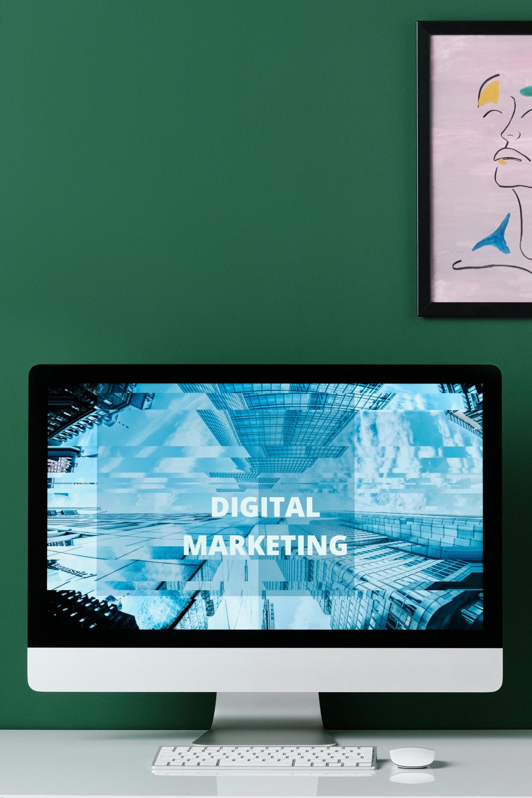 Contemporary workspace with digital marketing display, abstract art, and stylish decor.